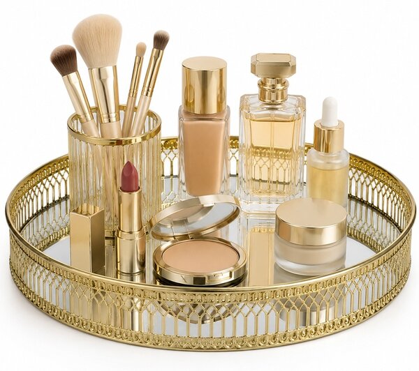 Tava eleganta Pufo Golden cu oglinda pentru servire prajituri, desert, aperitive si decor masa, 25 cm