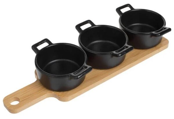 Set 3 boluri ceramice Pufo Simple cu suport din lemn pentru aperitive, gustari, fructe
