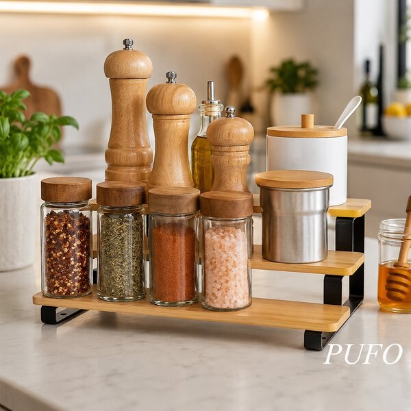 Suport condimente Pufo Bamboo din bambus, organizator pentru bucatarie, baie, birou, produse cosmetice, 3 nivele, 32 x 23 cm