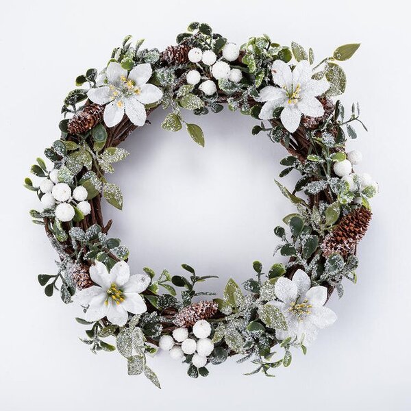 Coroniţă de Crăciun din nuiele POINSETTIA albă, 30 cm