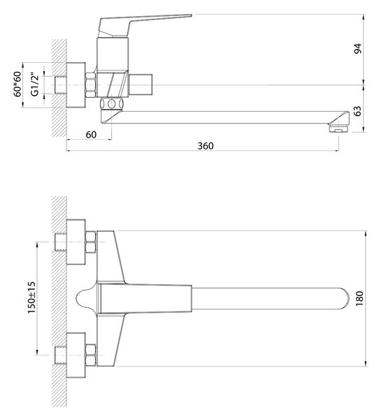 Aqualine Aqualine, baterie de perete pentru chiuvetă/cadă RITMO, pas 150 mm, crom, RT015