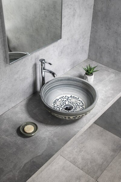 Sapho Sapho, chiuveta blat ceramica PRIORI Ø 41 cm, albastru cu model, PI036