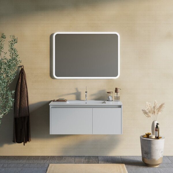 Mobilier Baie Suspendat, 100cm, Alb Mat, Oglindă Led 100x70 | Monaco