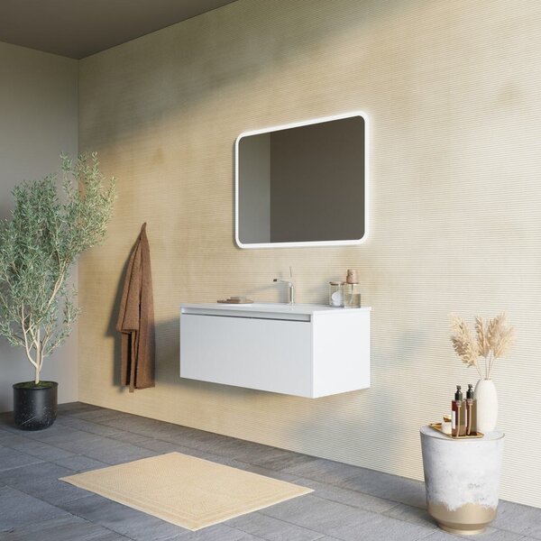 Mobilier Baie Suspendat, 100cm, Alb Mat, Oglindă Led 100x70 | Monaco