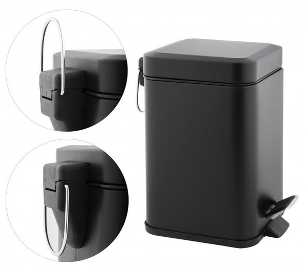 Erga Muti, coș de gunoi pătrat 3l pentru picioare, închidere Soft-Close, negru mat, ERG-YKA-CH.MUTI-SC-BLK