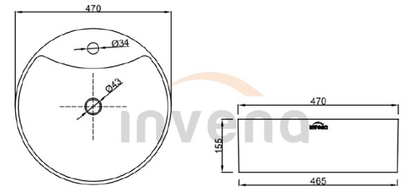 Invena Granada, chiuveta rotunda pe blat 470x470x155 mm, alb, INV-CE-45-001-W