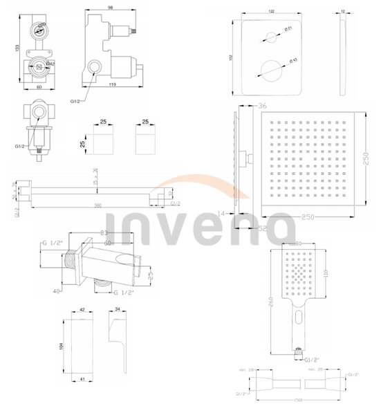 Invena Nyks, set de duș ascuns cu corp cu 2 ieșiri, crom lucios, INV-BS-28-0K2-A