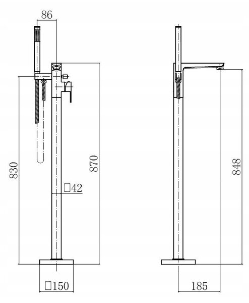 Invena Paros, baterie pentru cadă de sine stătătoare, negru mat, INV-BW-09-W04-A