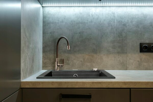 Invena Tesalia, chiuveta granit 1 camera 440x400x160 mm si baterie chiuveta Joga Plus, pete negre, INV-AZ-01-041-SET