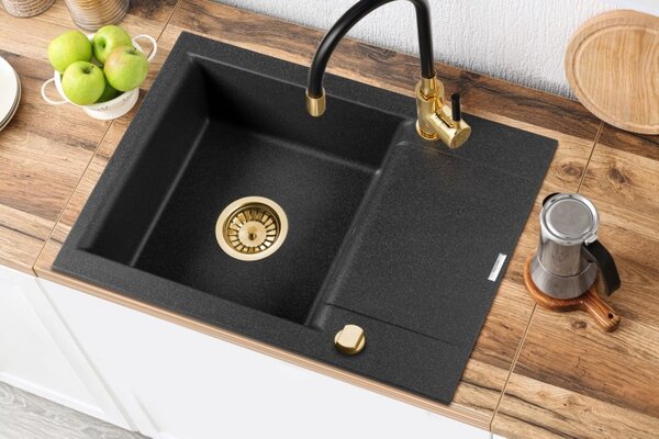 Invena Tesalia, chiuveta granit 1 camera cu scurgere scurta 590x440x160 mm si robinet chiuveta Joga Plus, sifon automat auriu, pete negre, INV-AZ-01-Z42-SET