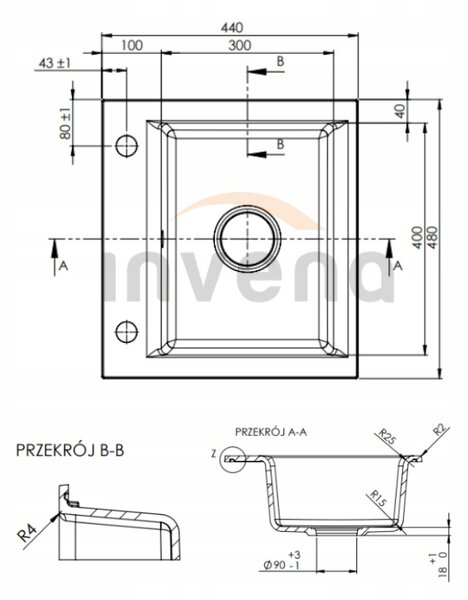 Invena Tesalia, chiuveta granit 1 camera 440x400x160 mm si baterie chiuveta Joga Plus, pete negre, INV-AZ-01-041-SET