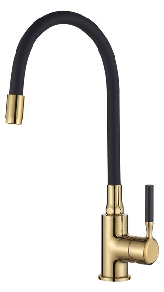 Invena Tesalia, chiuveta granit 1 camera cu scurgere scurta 590x440x160 mm si robinet chiuveta Joga Plus, sifon automat auriu, pete negre, INV-AZ-01-Z42-SET
