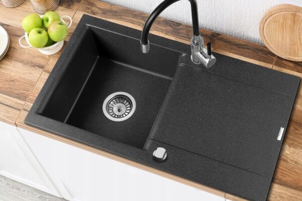 Invena Tesalia, chiuveta granit 1 camera cu scurgere 760x440x160 mm si baterie de bucatarie Joga Plus cu brat flexibil + sifon automat cromat, INV-AZ-01-043-SET