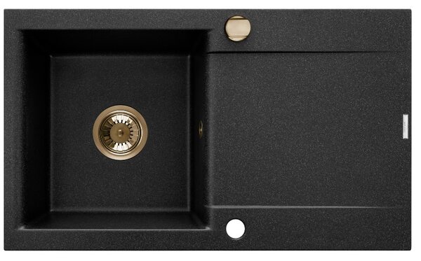 Invena Tesalia, Chiuveta granit 1 camera cu scurgere 760x440x160 mm si baterie de bucatarie Glamour cu brat flexibil + sifon automat auriu, INV-AZ-01-Z43-SET