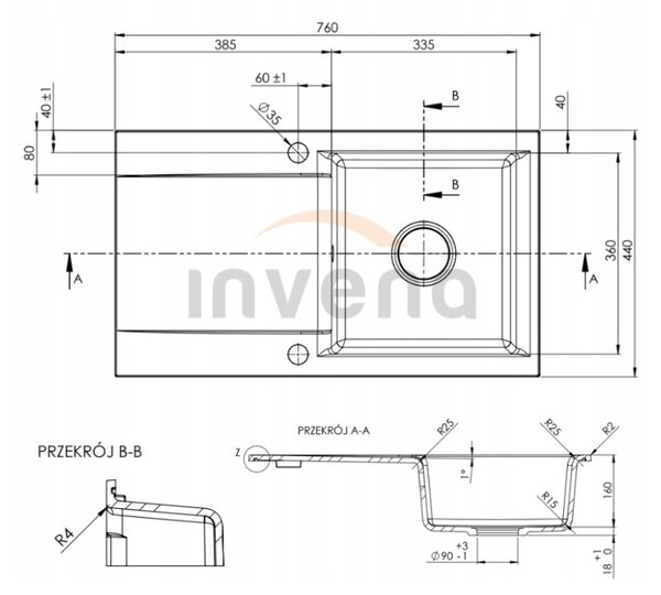 Invena Tesalia, chiuveta granit 1 camera cu scurgere 760x440x160 mm si baterie de bucatarie Joga Plus cu brat flexibil + sifon automat cromat, INV-AZ-01-043-SET