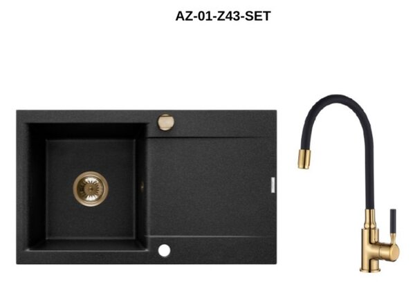 Invena Tesalia, Chiuveta granit 1 camera cu scurgere 760x440x160 mm si baterie de bucatarie Glamour cu brat flexibil + sifon automat auriu, INV-AZ-01-Z43-SET