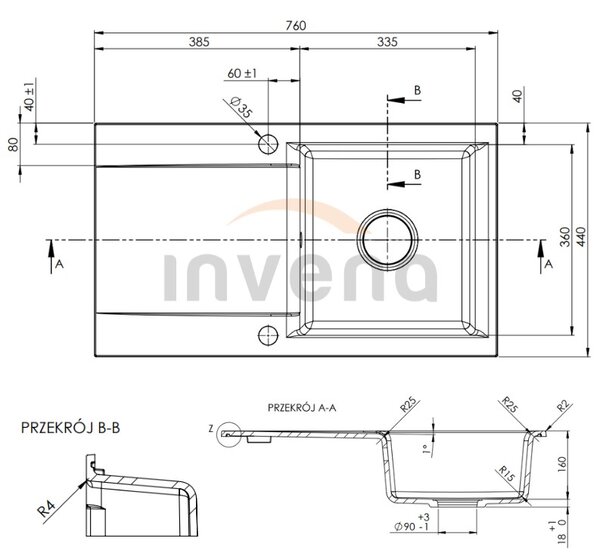 Invena Tesalia, Chiuveta granit 1 camera cu scurgere 760x440x160 mm si baterie de bucatarie Glamour cu brat flexibil + sifon automat auriu, INV-AZ-01-Z43-SET