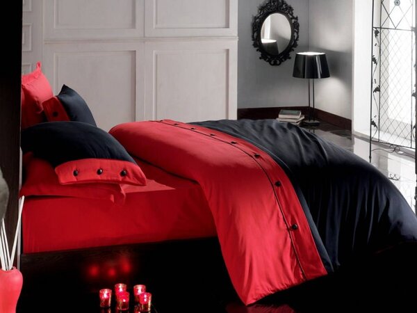 Lenjerie de pat premium satin de lux cu nasturi, Cotton Box, Roșu/ Negru