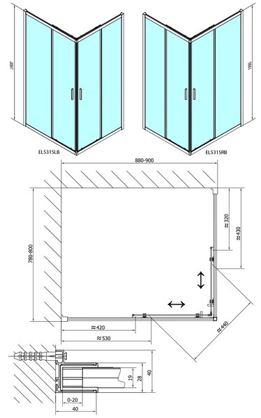 Polysan Polysan, paravan de duș dreptunghiular EASY BLACK 900x800mm, sticlă transparentă, EL5315B