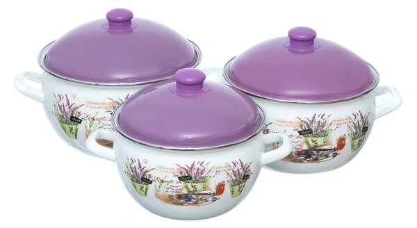 Set 3 oale emailate cu capac Arian, cantitate 3,8 litri, 4,8 litri, 6,2 litri, Mov