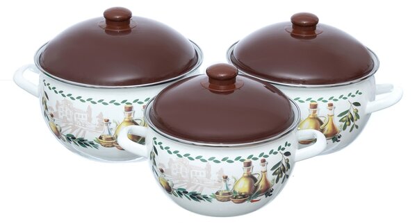 Set 3 oale emailate cu capac Arian, cantitate 3,8 litri, 4,8 litri, 6,2 litri, Maro