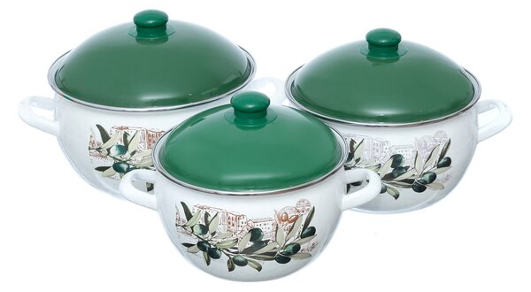 Set 3 oale emailate cu capac Arian, cantitate 3,8 litri, 4,8 litri, 6,2 litri, Verde
