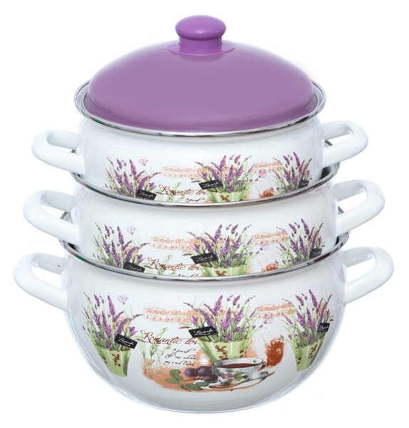 Set 3 oale emailate cu capac Arian, cantitate 3,8 litri, 4,8 litri, 6,2 litri, Mov