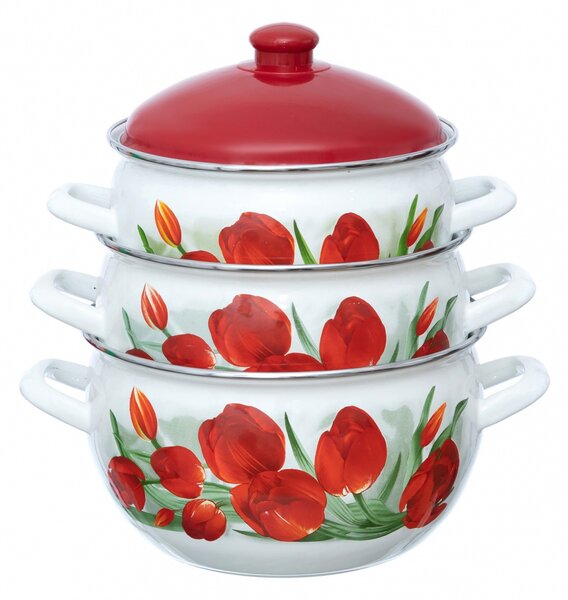 Set 3 oale emailate cu capac Arian, cantitate 3,8 litri, 4,8 litri, 6,2 litri, Rosu