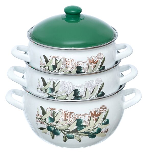 Set 3 oale emailate cu capac Arian, cantitate 3,8 litri, 4,8 litri, 6,2 litri, Verde