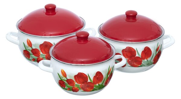 Set 3 oale emailate cu capac Arian, cantitate 3,8 litri, 4,8 litri, 6,2 litri, Rosu
