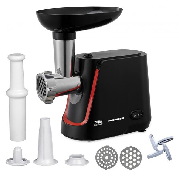 Masina de tocat Heinner MG-1250BK, 1250 W, 1.2 Kg Min, 2 site, reverse, accesorii incluse, Negru