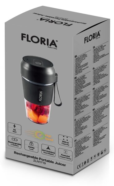 Blender portabil Floria ZLN1719 pentru suc reincarcabil, Capacitate 300 ml, Putere 50W, Lame din otel inoxidabil, Negru