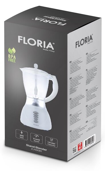 Blender FLORIA ZLN3081 ALB, Putere 300W, capacitate 1.5L, 3 viteze, Functie pulss, vas de plastic