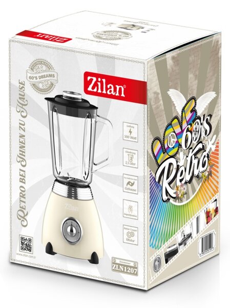 Blender Retro Zilan ZLN1207, putere 500W, capacitate 1.5L, 2 trepte de viteza, functie Pulse, vas din sticla, lame din otel inoxidabil