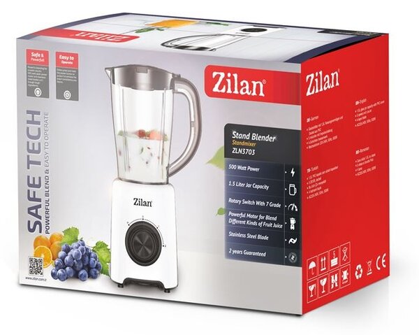 Blender Zilan ZLN3703, 500W, 1.5L, functie puls- Vas de plastic