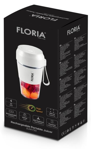 Blender portabil Floria ZLN1720 pentru suc reincarcabil, Capacitate 300 ml, Putere 50W, Lame din otel inoxidabil, Alb