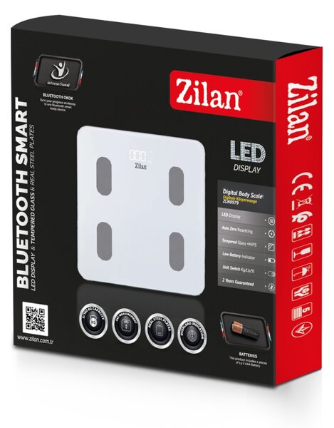 Cantar corporal Zilan ZLN8979 din sticla securizata, capacitate 3-180kg, Aplicatie OKOK, Display LCD