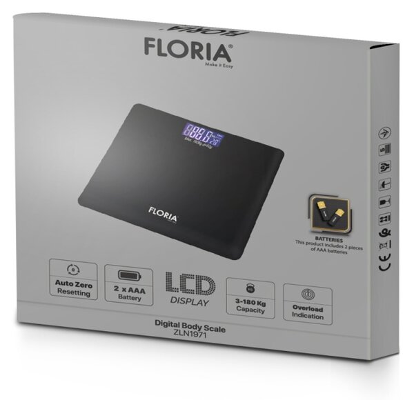 Cantar corporal Floria ZLN1971 din sticla securizata, capacitate 3-180kg, Display LCD