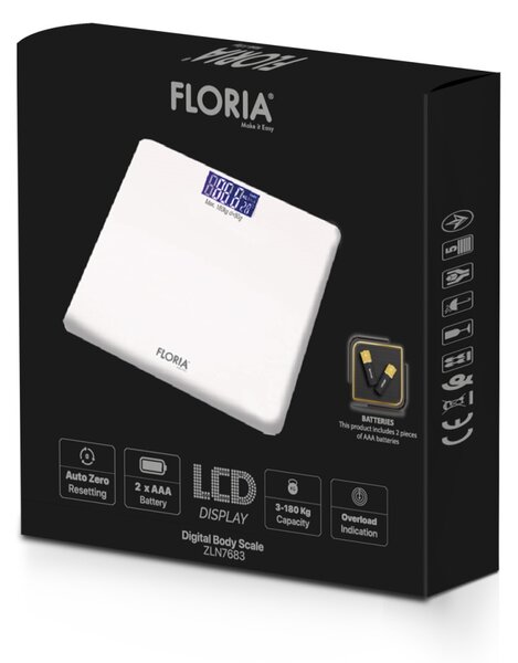 Cantar corporal Floria ZLN7683 din sticla securizata, capacitate 3-180Kg, Display LCD