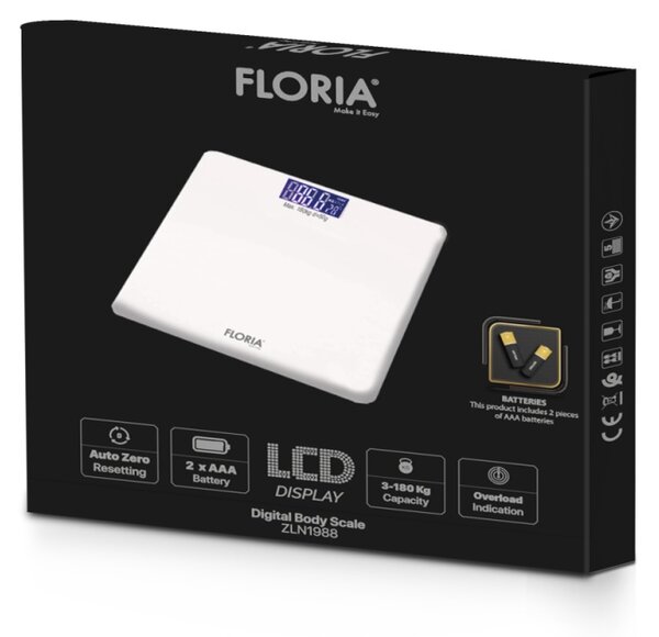 Cantar electronic de persoane Floria ZLN1988 Alb, ecran LCD, capacitate maxima 180 kg
