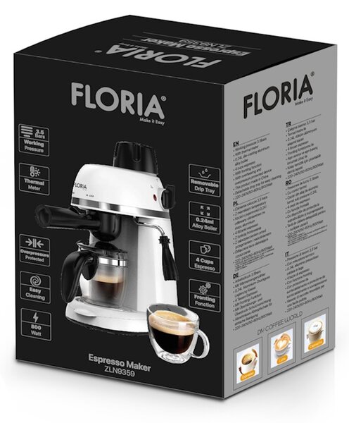 Espressor Floria ZLN9359 Alb, putere 800W, presiune de 3.5 bari, usor de curatat