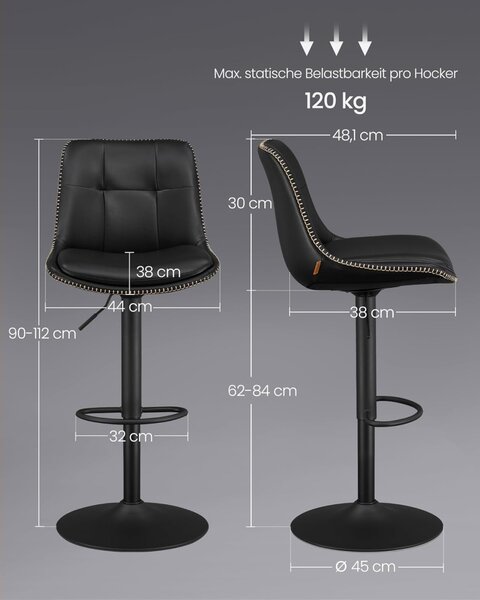 Set 2 scaune de bar reglabile Songmics Negru 38x44.5x115 cm