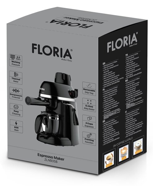 Espressor Floria ZLN9358 Negru, putere 800W, presiune de 3.5 bari, usor de curatat