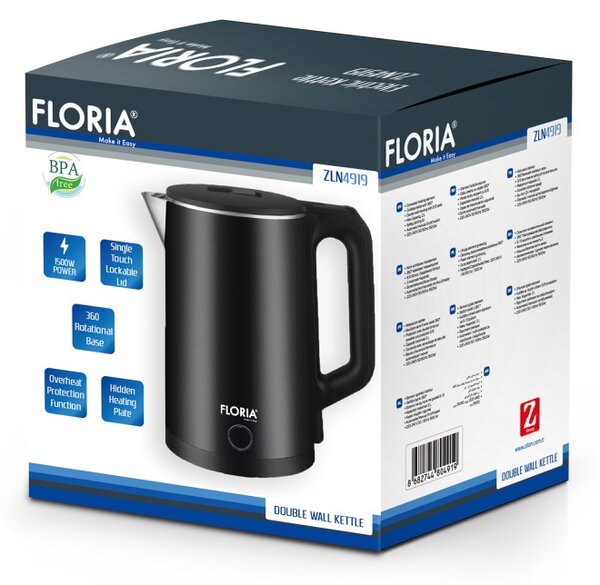 Fierbator electric Floria ZLN4919 Negru, putere 1500W, capacitate 2 L, indicator luminos