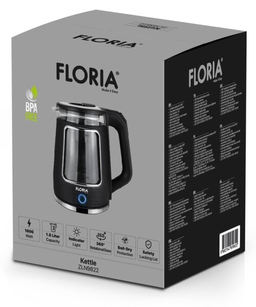 Fierbator Floria ZLN9822, Capacitate 1.8L, Baza rotativa 360 , Oprire automata manuala, Indicator luminos, 1800W
