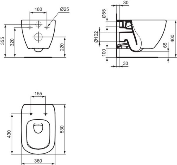Ideal Standard Tesi vas wc cu capac soft-close agăţat fără margine alb lucios T354601