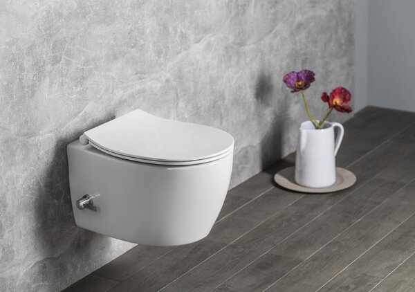 Isvea Isvea, vas WC suspendat SENTIMENTI CLEANWASH, robinet integrat și duș bideu, fără rampă, 36x51cm, alb, 10ARS1101I