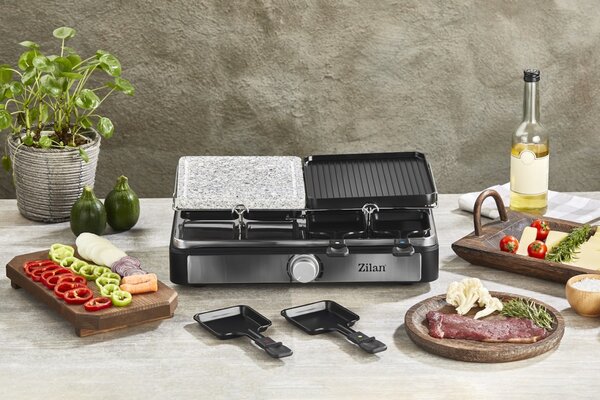 Gratar electric cu raclette Zilan ZLN8863, placa de piatra si placa de aluminiu, putere 1400 W, Gri