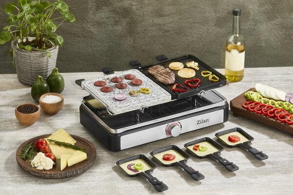 Gratar electric cu raclette Zilan ZLN8863, placa de piatra si placa de aluminiu, putere 1400 W, Gri
