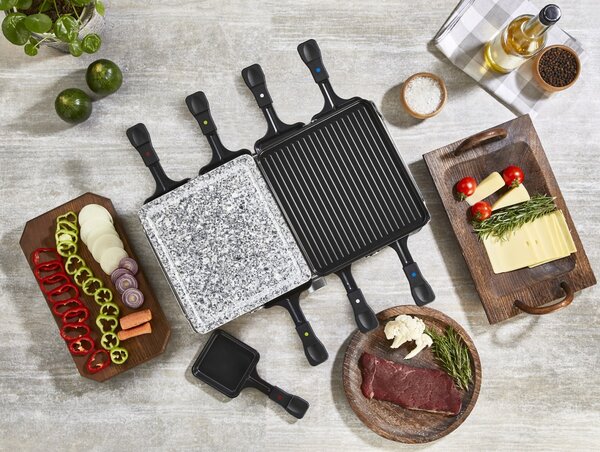 Gratar electric cu raclette Zilan ZLN8863, placa de piatra si placa de aluminiu, putere 1400 W, Gri